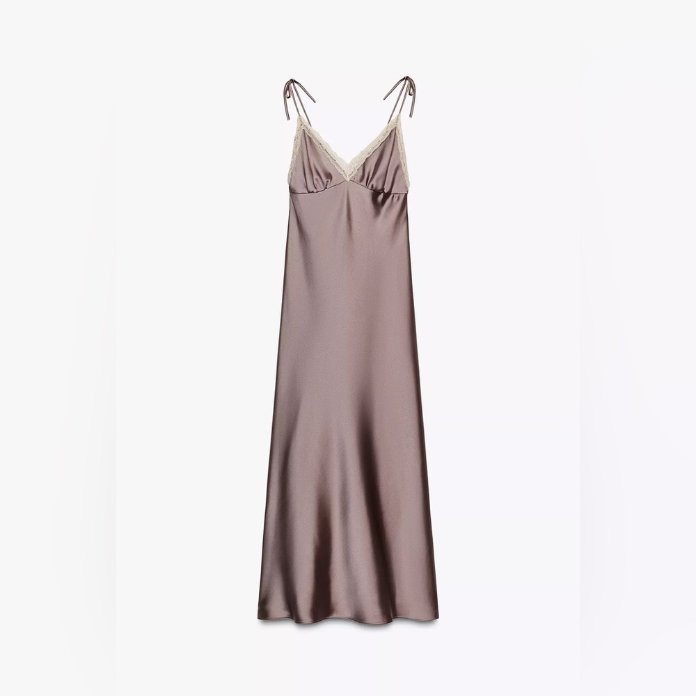 Zara Elegant Satin Slip Dress Lace Lingerie Liliac Maxi Evening Party XS - Picture 13 of 13